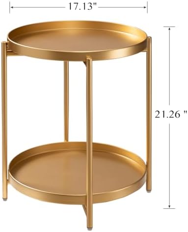 TeoKJ 2 Tier Round Side Table, Folding Metal Small Bedside Nightstand for with Two Removable Tray for Bedroom Living Room Bedside Small Spaces Gold X2 - Image 3