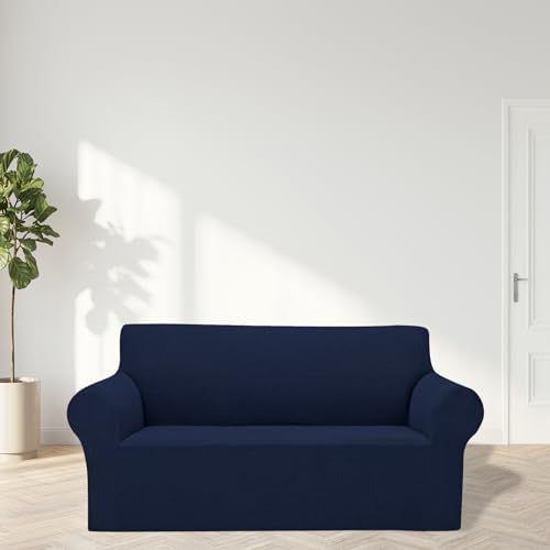 Cupuamon 2026 New Stretch Loveseat Sofa Slipcovers Couch Cover for 2 Cushion Furniture Protector Sofa Covers with Elastic Bottom Jacquard Fabric Small Checks for Pets, Kids - Navy - Image 3