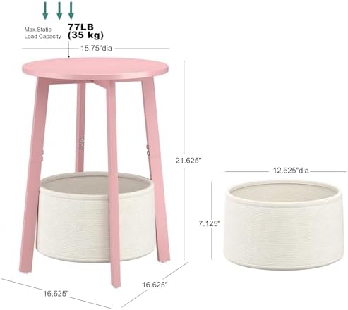 sthmec Small Round Side End Table Set of 2 with Cloth Storage Basket, Round Bedside Sofa Couch Coffee Tables for Small Places with Metal Frame, Modern Nighstands for Living Room Bedroom,Pink - Image 3