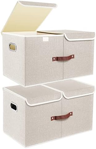 TYEERS Extra Large Collapsible Storage Bins with Lids and Compartments, Washable, Fabric Storage Boxes, 21.7x13x11.8 inches, 2 Pack, Beige by StorageOrganization