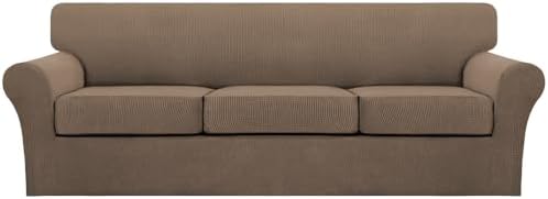 Turquoize 4 Piece Sofa Covers for 3 Cushion Couch Sofa Slipcover Soft Couch Cover for Dogs Washable Furniture Cover with 3 Individual Large Cushion Covers Feature Fabric (Large Sofa, Macchiato) by Turquoize
