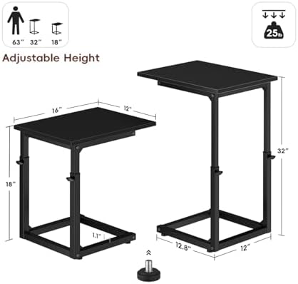 Vagusicc C-Shaped End Table for Couch, 33" Tall C Table Adjustable Height Side Table, Couch Side Tables with Metal Frame Slide Under Sofa, Sofa Table TV Tray for Living Room, Bedroom, Bedside, Black - Image 3
