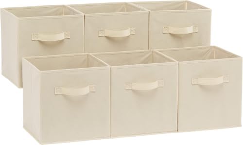 Amazon Basics Collapsible Fabric Storage Cubes Organizer with Handles, Sturdy Storage Bins for Organization, 10.5" x 10.5" x 11", Beige, 6 Count (Pack of 5) by AmazonBasics