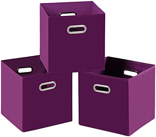 Fabric Cloth Storage Bins,Fabric Cube Bins Organizer with Dual Handles Foldable Cube Storage Baskets for Home Bedroom Storage,Set of 3,(Purple) by SEVENDOME