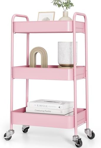 TOOLF 3 Tier Metal Rolling Cart, Utility Storage Cart with Wheels, Pink | Screwless Assembly, Lockable Metal Wheels, Trolley Organizer for Bathroom, Kitchen, Office, Dorm, Laundry, Craft Room by TOOLF