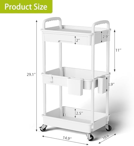 Sorgion 3 Tier Rolling Cart Organizer,Laundry Room Bathroom Organizers and Storage Office Shelves Mobile Shelving Unit Kitchen Trolley Cart with Wheels for Art,Craft,Diaper,Bedside,Snack(White) - Image 3