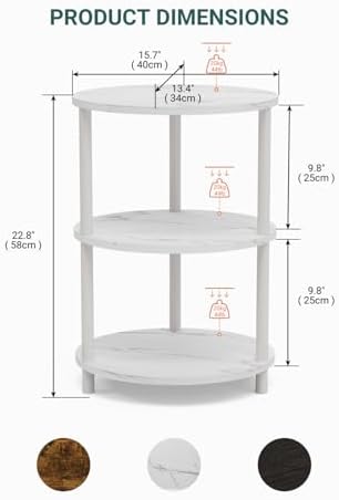 Small Round Side Table - 3-Tier Oval Accent Table for Small Spaces, Rustic Wood and Metal Couch End Table, Nightstand for Bedroom or End Table Living Room, Set of 2, Marble White - Image 2