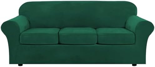 H.VERSAILTEX Modern Velvet Plush 4 Piece High Stretch Sofa Slipcover Sofa Cover Furniture Protector Form Fit Thick Velvet Sofa Cover for 3 Cushion Couch Width Up to 90 Inch (Sofa,Vintage Green) by HVERSAILTEX
