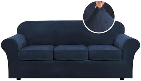 H.VERSAILTEX Modern Velvet Plush 4 Piece High Stretch Sofa Slipcover Sofa Cover Furniture Protector Form Fit Luxury Thick Velvet Sofa Cover for 3 Cushion Couch Width Up to 90 Inch (Sofa,Navy) by HVERSAILTEX