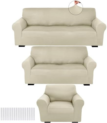 Peryiter 3 Pcs Couch and Loveseat Sofa Covers,Beige,Milk Silk by Peryiter