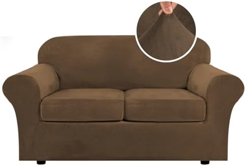 H.VERSAILTEX Real Velvet Plush 3 Piece Stretch Sofa Covers Couch Covers for 2 Cushion Couch Loveseat Covers Width Up to 72 Inch Feature Thick Soft Stay in Place (Medium Sofa, Bronze Brown) by HVERSAILTEX