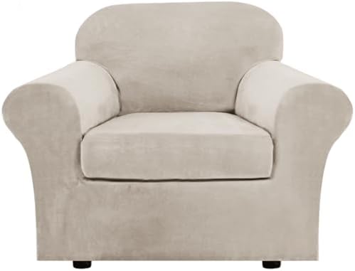 H.VERSAILTEX Rich Velvet Stretch 2 Piece Cover Chair Slipcover Sofa Cover Furniture Protector Couch Soft with Elastic Bottom Chair Couch Cover Width Up to 49 Inch (Chair, French Oak) by HVERSAILTEX