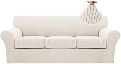Turquoize 4 Piece Sofa Covers for 3 Cushion Couch Sofa Slipcover Soft Couch Cover for Dogs-Washable Sofa Furniture Covers with 3 Individual Cushion Covers, Jacquard Fabric (3 Cushion Sofa, Ivory) by Turquoize
