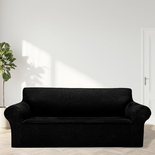 Cupuamon 2026 New Stretch Oversized Sofa Slipcovers Couch Sofa Cover for 4 Seater Furniture Protector Covers with Elastic Bottom Jacquard Fabric Small Checks for Pets, Kids - Black - Image 3