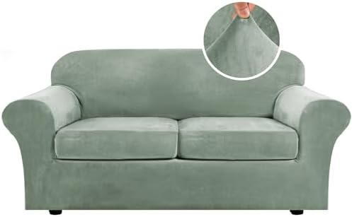 H.VERSAILTEX Real Velvet Plush 3 Piece Stretch Sofa Covers Couch Covers for 2 Cushion Couch Sofa Slipcovers Width Up to 90 Inch Thick Soft Stay in Place (Large Sofa, Sea Grass) by HVERSAILTEX