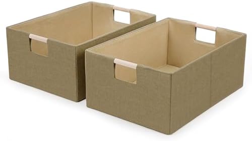 Foldable Fabric Storage Cubes, 2 Packs Cloth Storage Baskets with Wooden Handles, Collapsible Shelf Closet Organizer Bins, Rectangular Storage Boxes for Decor (Coffee Color 2 Pack) by Welcometobuy