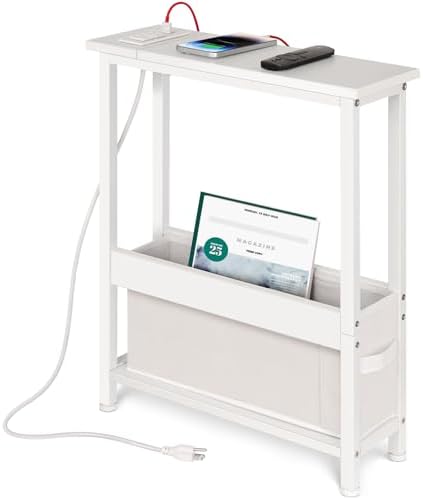 BAMGROW Slim Charging End Table with Storage - for Small Spaces and Bedroom (White) by BAMGROW
