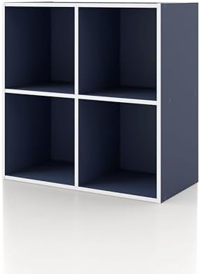 Homes: Inside + Out Apexa 4-Cube Storage Organizer Shelves, Stackable Wood Bookcase Fits Cubby Bins for Organization, Dorm Teen Room Decor & Home Office, Steel Blue by HOMESInsideOut