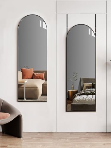 DMWOODFL Over The Door Full Length Arched Mirror - 14"x48", Tempered Glass & Aluminum Frame, No Drill Installation for Bedroom, Bathroom, Closet, Entryway (Black) by DMWOODFL