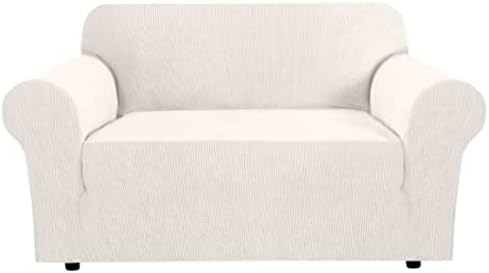 H.VERSAILTEX Stretch Couch Cover 2 Cushion Sofa Loveseat Slipcover|Sofa Cover for Love seat 1 Piece with Elastic Bottom, Textured Checked Jacquard Fabric(Loveseat 58"-70" Wide, Ivory) by HVERSAILTEX