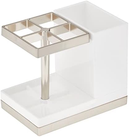mDesign Plastic Toothbrush and Toothpaste Storage Organizer Holder - Home Decor for Bathroom Countertop - Holds Toiletries and Beauty Accessories - Lumiere Collection - White/Brushed - Image 5