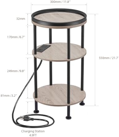 Small Round Side Table with Charging Station for Small Spaces, 3-Tier Accent Table with USB Ports & Power Outlets, Corner Tea Table Sofa Table for Living Room Nightstand Bedroom Apartment(USB,Oak) - Image 3