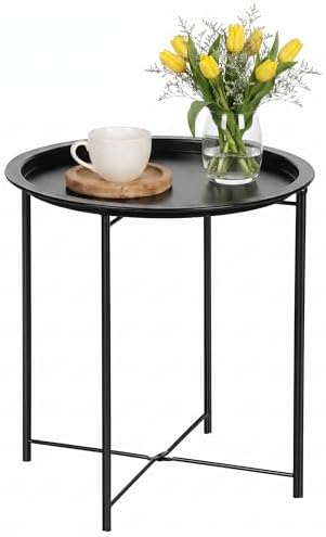 VECELO Side/End Table, Folding Round Metal Anti-Rust and Waterproof Outdoor or Indoor Tray for Living Room Bedroom Balcony and Office, 1 PCS, Black by VECELO