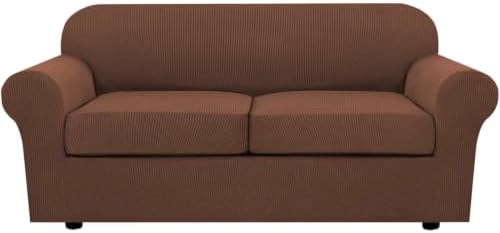 H.VERSAILTEX 3 Piece Stretch Sofa Covers for 2 Cushion Sofa Couch Covers for Living Room Sofa Slipcovers (Base Cover Plus 2 Seat Cushion Covers) Thicker Jacquard Fabric(Large Sofa, Caramel) by HVERSAILTEX