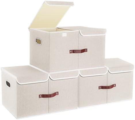 TYEERS Extra Large Collapsible Storage Bins with Lids and Compartments, Washable, Fabric Storage Boxes, 21.7x13x11.8 inches, 3 Pack, Beige by StorageOrganization