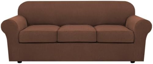 H.VERSAILTEX 4 Piece Stretch Sofa Covers for 3 Cushion Couch Covers for Living Room Furniture Slipcovers (Base Cover Plus 3 Seat Cushion Covers) Upgraded Thicker Jacquard Fabric (Sofa, Caramel) by HVERSAILTEX