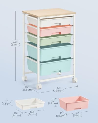 VASAGLE Rolling Cart with Drawers,5 Drawers Storage Cart, Multicolor - Image 3