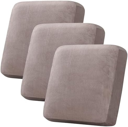 H.VERSAILTEX Velvet Stretch Couch Cushion Cover Plush Cushion Slipcover for Chair Loveseat Sofa Cushion Furniture Protector Seat Cushion Sofa Cover (3 Piece XL Sofa Cushion Covers, Taupe Striped) by HVERSAILTEX