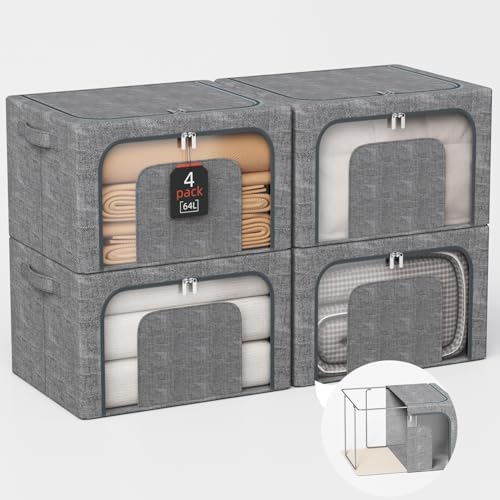 64L Large Stackable Storage Bins with Metal Frame (4 Pack), Foldable Fabric Clothes Organizer with 2 Clear Windows & Reinforced Handles, Dual-Opening Storage Containers for Closet, Underbed, Grey by Unknown