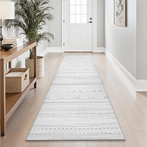2x10 Runner Rug Machine Washable Non Slip Area Rug Distressed Neutral Moroccan Boho Rug Ultra Soft Floor Runners for Hallways for Entryway Laundry Room Kitchen, Grey by Tchdio
