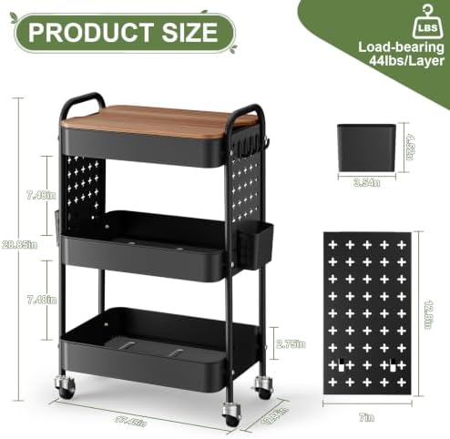 3 Tier Rolling Cart with DIY Pegboard, Metal Utility Cart with Table top - Image 2