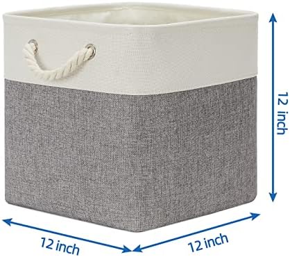 Temary Fabric Baskets 12 Inch Storage Cubes Basket with Handle, Clothes Baskets for Gift, Large Bins for Organizing Books, Blankets (White&Gray) - Image 2