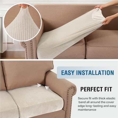 H.VERSAILTEX Velvet Stretch Couch Cushion Cover Plush Cushion Slipcover for Chair Cushion Furniture Protector Seat Cushion Sofa Cover (1 Piece Armchair Cushion Covers, Ivory Striped) - Image 4