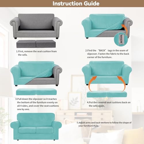WEERRW Velvet Stretch 3 Pieces Couch Cover for Sofa Washable, Aqua - Image 6