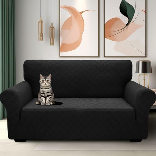 YEMYHOM Couch Cover Latest Jacquard Design High Stretch Sofa Covers for 2 Cushion Couch, Pet Dog Cat Proof Loveseat Slipcover Non Slip Magic Elastic Furniture Protector (Medium, Leaf Patten Black) - Image 2