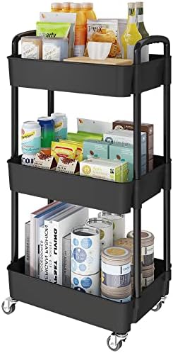 Laiensia 3-Tier Storage Carts,Multifunction Utility Rolling Cart Kitchen Storage Organizer,Mobile Shelving Unit Cart with Lockable Wheels for Bathroom,Laundry,Living Room,With Classified Sticker,Black by Laiensia