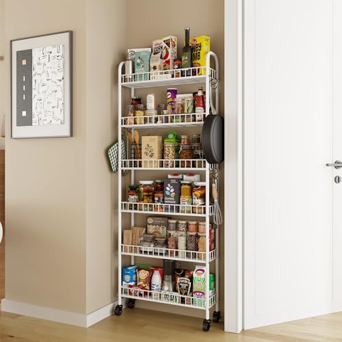 6 Tier Slim Rolling Storage Cart with Wheels, Metal Mobile Shelving Unit Organizer Utility Cart for Office Bathroom Kitchen Laundry Room Narrow Places (White 6 Inches) - Image 3