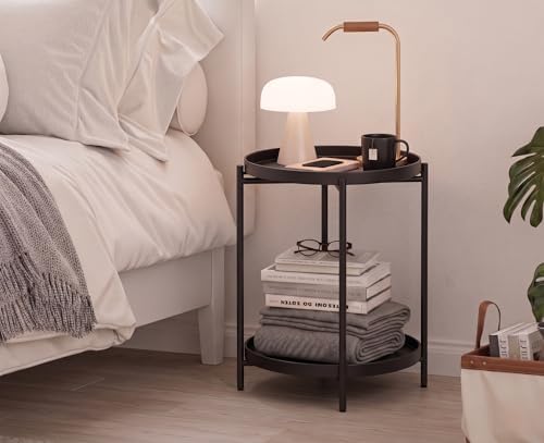 TeoKJ 2 Tier Round Side Table, Folding Round Metal End Table Small Nightstand with Two Removable Tray for Bedroom Living Room Bedside Small Spaces Black - Image 2