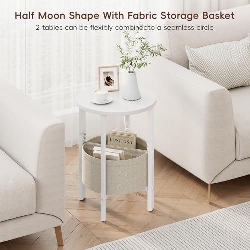 Vagusicc Side Table, Small Round End Table, Tall Accent Table with Storage Basket, Set of 2 Half Round Coffee Tables Half Moon Tables, Bedside Table, Modern Nightstand for Living Room Bedroom, White - Image 5