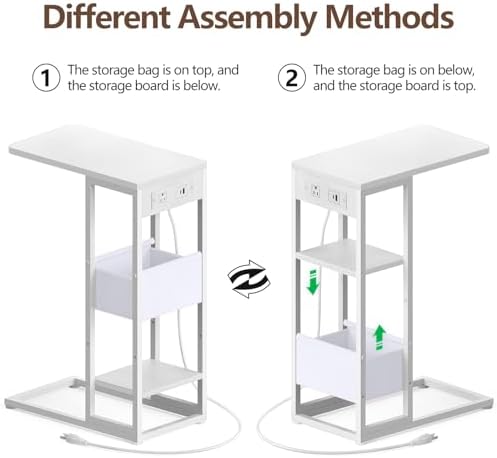 C Shaped End Table with Charging Station, Small Side Table for Couch Recliner, Slide Under Sofa Desk Snack Tables with Storage Bag & AC / USB Outlet, Small Spaces Drink Tables for Living Room, Bedroom - Image 5