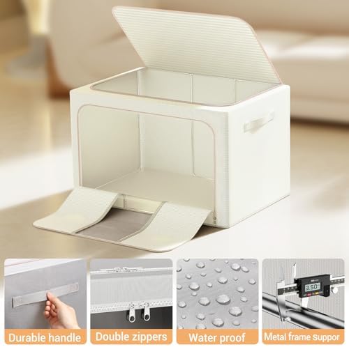 Clothes Storage Bins with Metal Frame, Foldable Clothes Organizers Storage Containers for Clothes, Sheets, Blankets, Pillows and Towels (24L, 3 Pack) Beige - Image 6