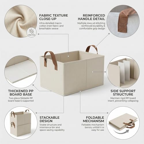 3 Pack Storage Bins Fabric Collapsible Organizers with Handles Sturdy Canvas with PP Board Beige Foldable Storage Box for Closet Shelves, Books, Toys, Clothes, Office Organization - Image 3