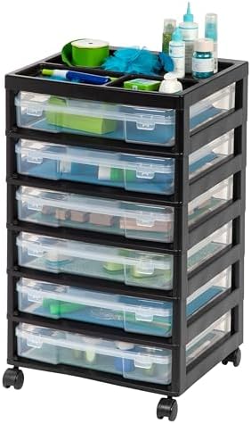 IRIS USA Rolling Cart with Drawers |Made in USA| 6-Tier Cases - Black/Clear by IRISUSA