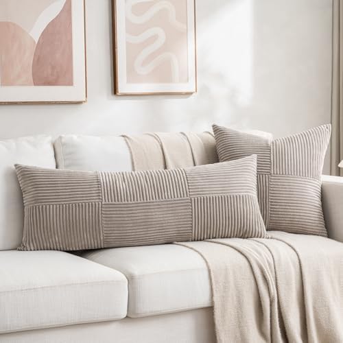Fancy Homi Set of 2 Neutral Taupe Boho Long Lumbar Body Decorative Throw Pillow Cover 14x36 Inch for Bed Couch Bedroom Bench, Soft Patchwork Corduroy Textured Pillow Case, Farmhouse Room Decor - Image 5