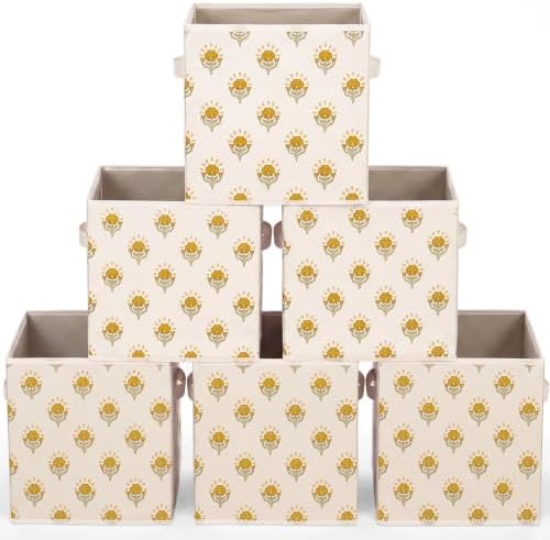 Bokon 6 Pcs 11'' Mustard Yellow Block Print Storage Bin Floral Storage Cube by Bokon