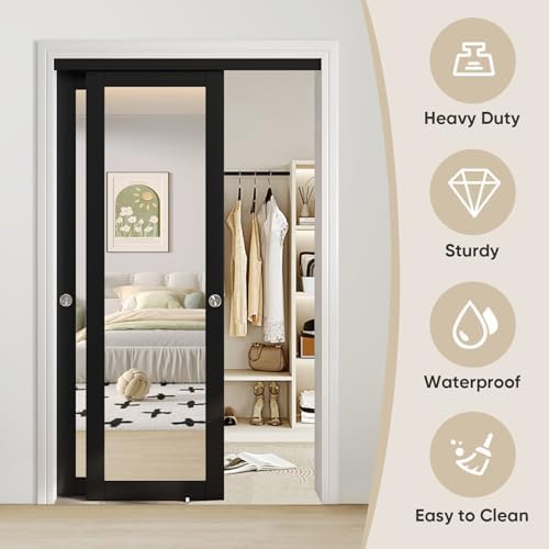 JUBEST 96" x 80" Mirror Closet Door, Preassembled One Side Mirror Door with Hardware Kit & Matching Fascia, Solid Wood Frame with Water-Proof PVC Surface, Easy to Install, Black - Image 2